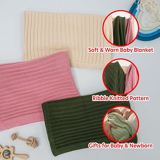 Baby Knit Blanket, 100% Cotton Ribble Patterns, Soft, Cozy, Lightweight Swaddle for Newborn & Infant Swaddling Beige Neutral, Perfect Baby Shower Ideas Sage Green 30x30
