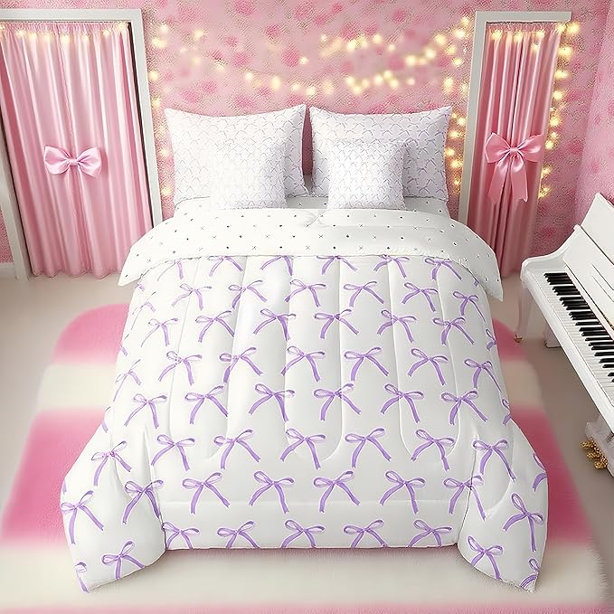 Manfei 7 Pieces Cartoon Bowknot Kids Comforter Twin Size,Bow Tie Knot Princess Girls Bedding Set,Cute Bow Sketch Geometric Purple Romantic（Comforter+Fitted+Flat+2 Pillowcases+2 Throw Pillow Covers）