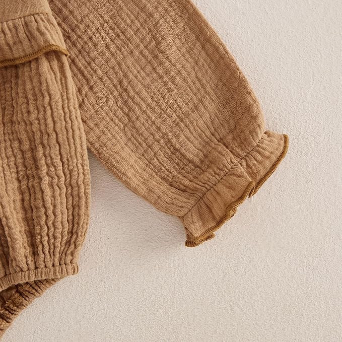 Newborn Infant Baby Girl Clothes Cotton Linen Long Sleeve Smocked Bubble Romper Ruffle Bodysuit Jumpsuit Fall Outfit
