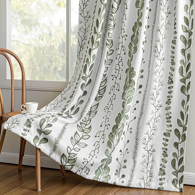 MEETSKY Sage Green Blackout Curtains 63 Inches Long 2 Panels Boho Curtains for Living Room Thermal Insulated Privacy Protection Rod Pocket Drapes for Bedroom, Leaf Print Window Treatment, 50" Wide