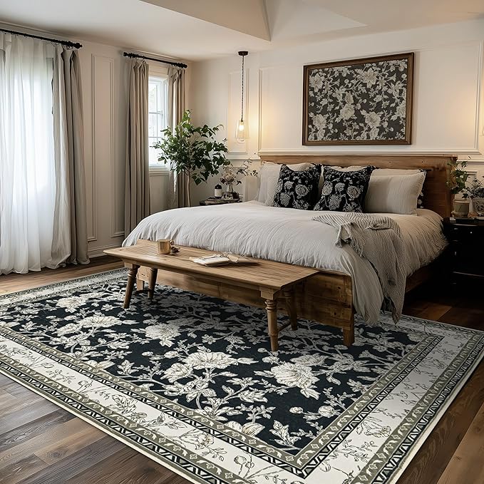 Extra Large Black Area Rug for Living Room 10x14, Floral Dining Room Rugs for Under Table, Washable Soft Non Slip Low Pile Carpet for Large Bedroom Black with Beige Cream Taupe Floral Design 10 x 14