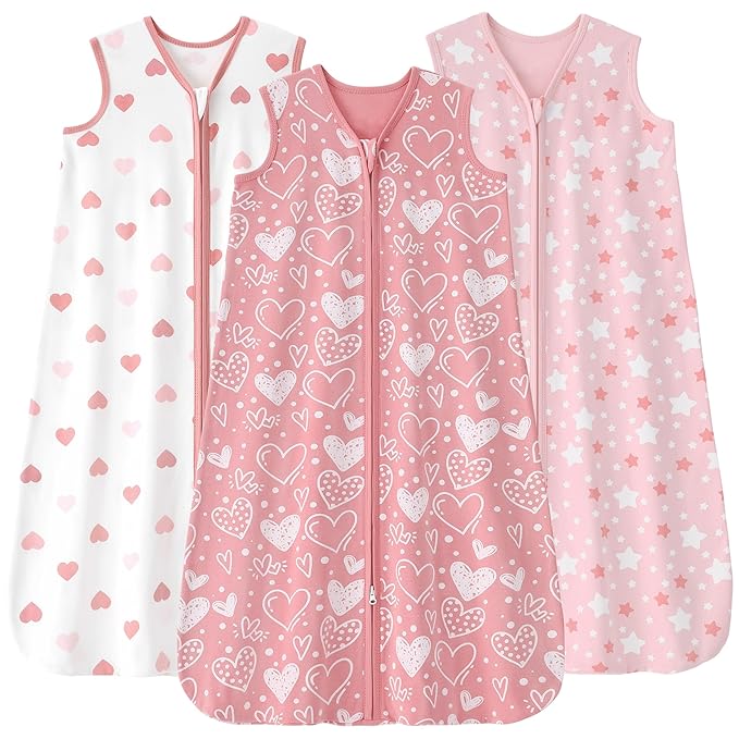 Baby Sleep Sack 6-12 months, 100% Cotton Sleeping Sack for Newborn and Infant, 3 Pack Baby Wearable Blanket for Boy and Girl, 0.5 Tog Lightweight Double Zipper Sleep Bag Pink Heart