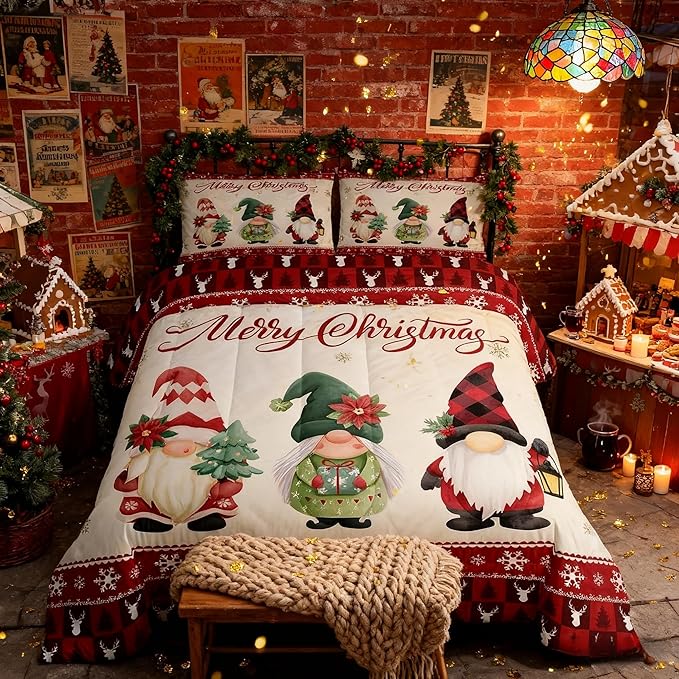 Merry Christmas Kids Comforter Set Queen Size,Deer Antler Santa Claus Bedding,Girls Boys Adults Bedroom/Xmas Cabin Decor,Snowflake Pine Trees Plaid Down Comforter,Rustic Duvet Insert,2 Pillowcases