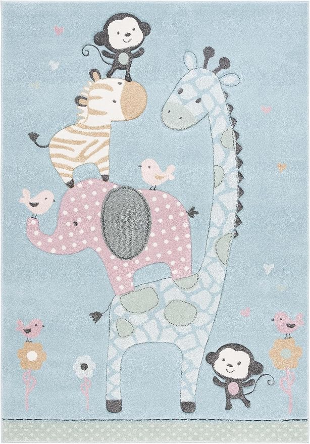 SAFAVIEH Carousel Kids Collection Area Rug - 5'3" Square, Blue, Animal Design, Ideal for High Traffic Area for Boys & Girls in Playroom, Nursery, Bedroom (CRK120K-5SQ)