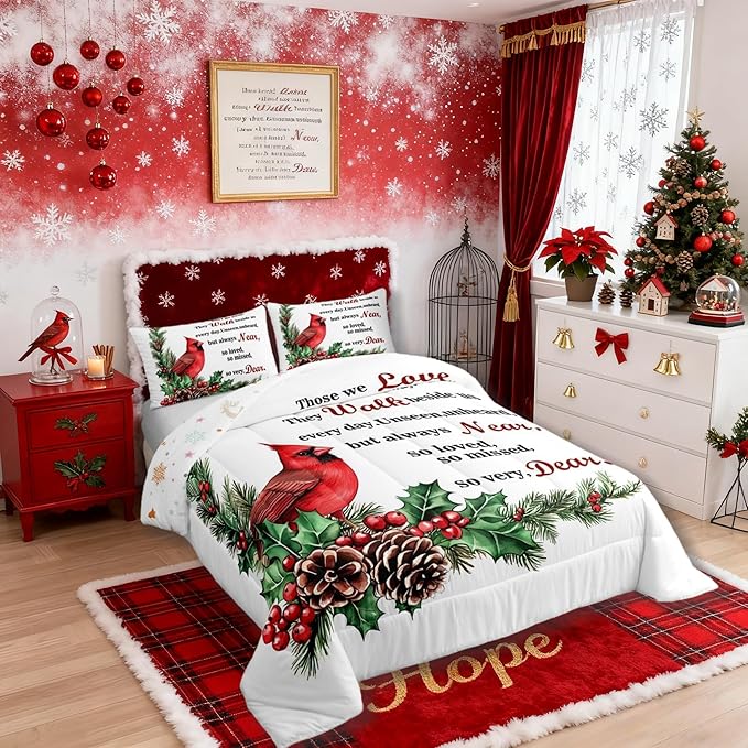 Red Cardinal Girl Bedding Set Twin Size,Christmas Birds Holly Pinecones Comforter Set,Berry Poinsettia Rustic Animal Quilt Comforter Girls Boys Teens,White Red Green Room Decor All Season,1 Pillowcase