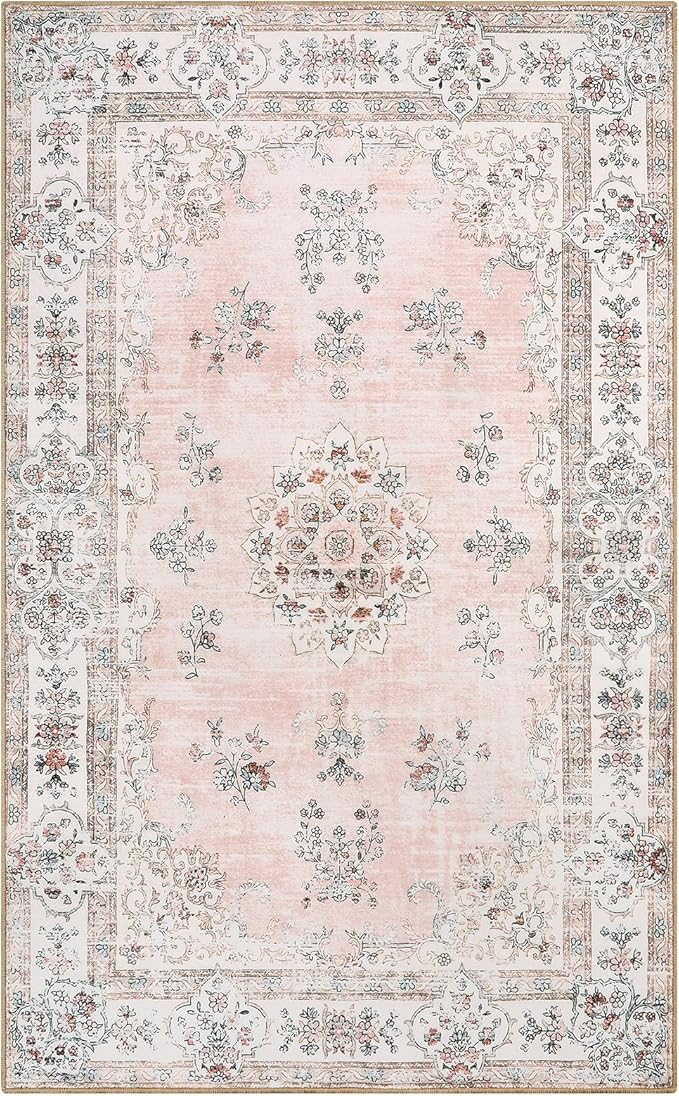 Lahome Pink 3x5 Entryway Rug Indoor, Neutral Distressed Washable Floral Print Area Rugs for Girls Bedroom Laundry Bathroom, Soft Non-Slip Water Repellent Mat for Floor Protection