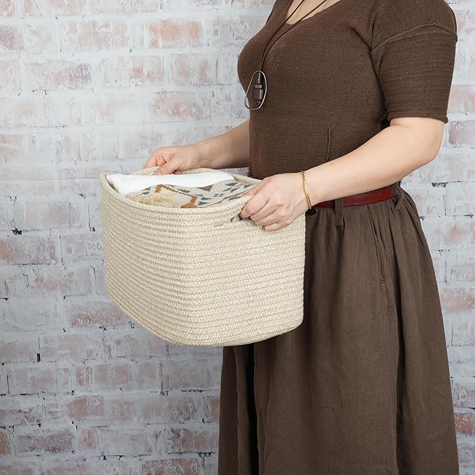 Rope storage Basket Bins Woven Basket for Organizing Shelves 14.5X9.5X9.3" Rectangle Decorative Baskets For storage Clothes Toys Books Towels Nursery basket organizer 3 pack Oatmeal