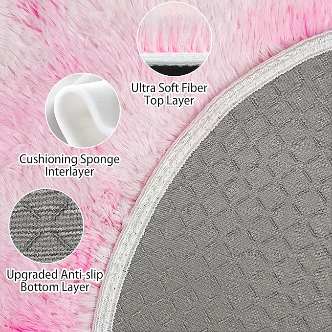 6 ft Large Fluffy Round Rug for Girls Bedroom,Soft Shaggy Pink Rugs Plush Fuzzy Circle Area Rug for Living Room Cute Kids Playroom Room Baby Toddler Nursery Colorful Home Decor Aesthetic