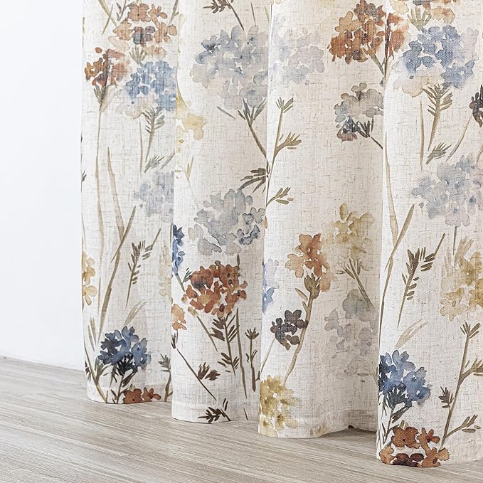 MYSKY HOME Floral Curtains 72 inch for Living Room Linen Semi Sheer Light Filtering Privacy Protect Lightweight Drapes Decor Farmhouse Soft Touch for Dining Room, Yellow, 52" Wide, 2 Panels