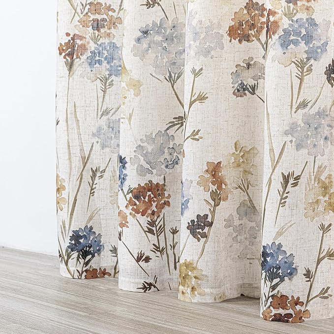 MYSKY HOME Linen Curtains 54 inch Floral Pattern Light Filtering Privacy Protect Drapes for Window Decoration Rustic Vintage Style for Bedroom Family Room, 52" Wide, Yellow, 2 Pcs
