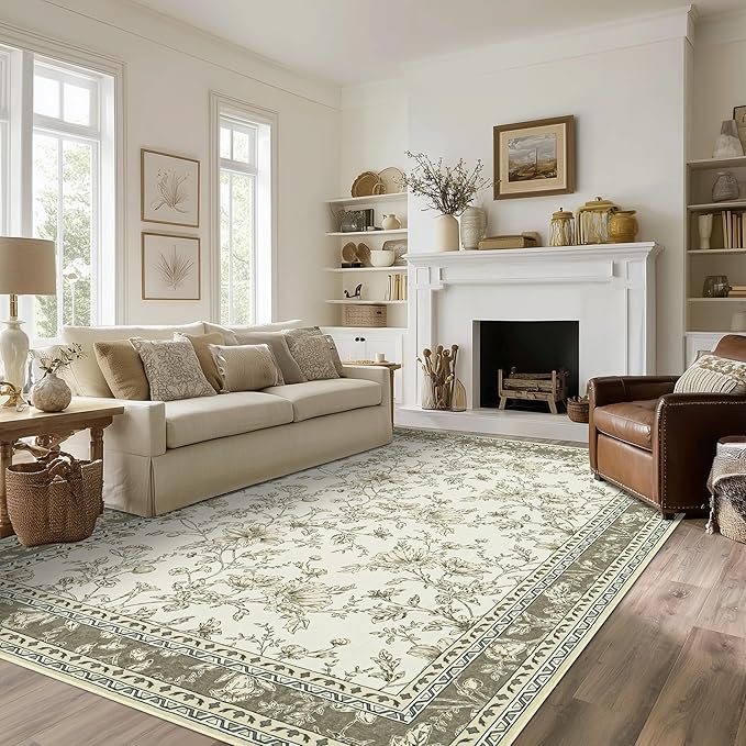 Beige and Taupe Farmhouse Washable 9x12 Area Rugs for Living Dining Room Bedroom Office Kitchen Table Large Rug for Under Table, Light Tan Cream Khaki Sketch Pattern Floral Vintage Boho Home Decor