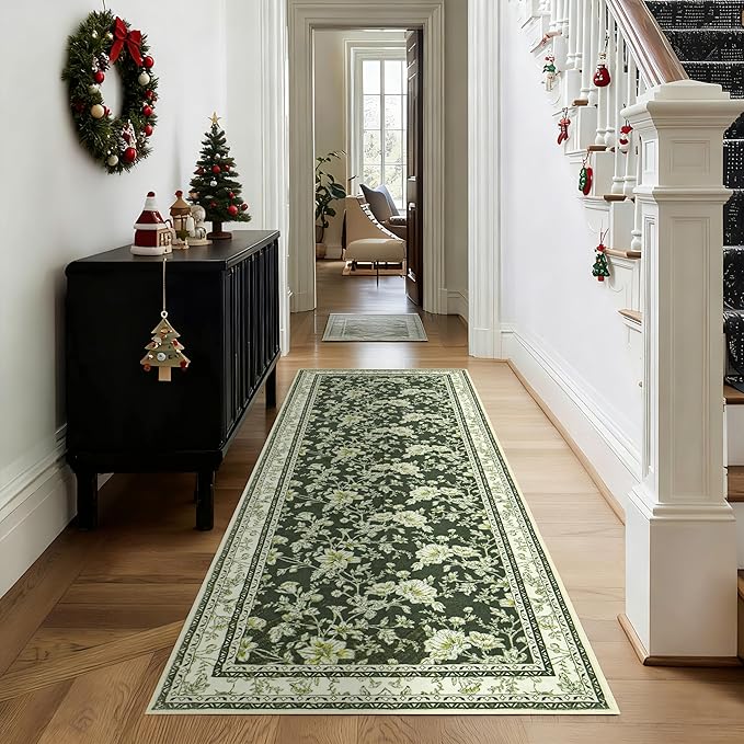 Olive Green Floral Print Area Rugs for Bedroom Living Room Boho Farmhouse Country Rustic Dining Room Carpet Soft Washable Rugs Non Slip Floor Covering for Nursery Playroom 3x8