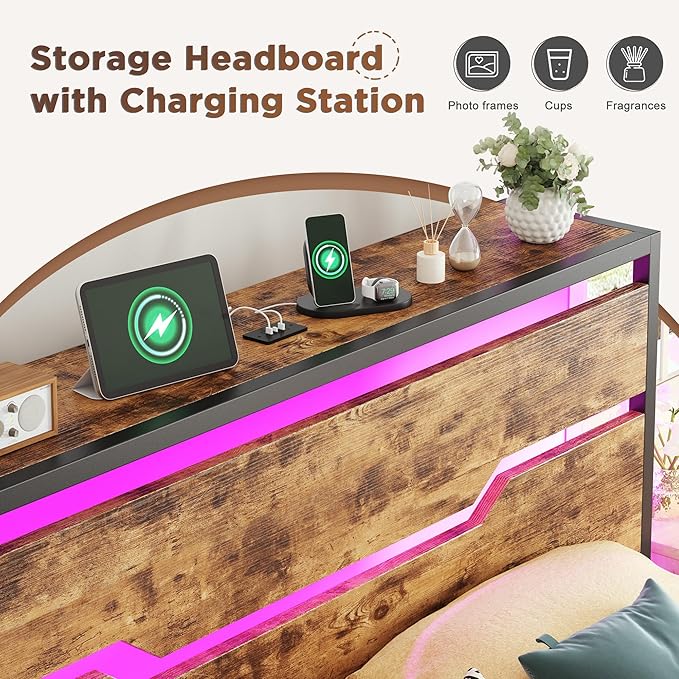 Queen Bed Frame with LED Lights & Charging Station, Bed Frame Queen Size with Headboard,13" Under Bed Storage, Noise-Free Heavy Duty Metal Support, Modern Brown