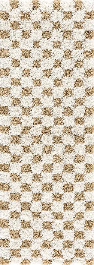 BoutiqueRugs Atira Modern Checkered Shag Rug - High Pile Fluffy Shaggy Carpet for Hallway, Nursery, Playroom, Girls Boys Room - Yellow, Cream, White, Mustard - 2'7" x 7'3" (2x8)