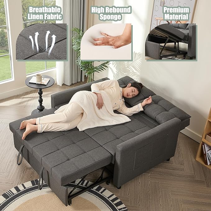52" Sleeper Sofa with Pull-Out Bed, 3-in-1 Convertible Sofa Bed, Loveseat with Stepless Adjustable Backrest and Side Pocket, for Living Room Dorm Apartment, Linen, Dark Gray