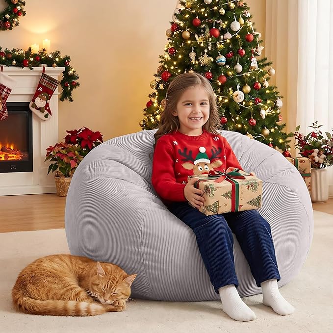 Nobildonna 3 ft Bean Bag Chair Cover (No Filler) 35"×43" Large Stuffed Animal Storage Bean Bag Washable Big Beanbag Chair Cover Premium Corduroy Bean Bag Cover for Adults,Kids,Light Grey 300L