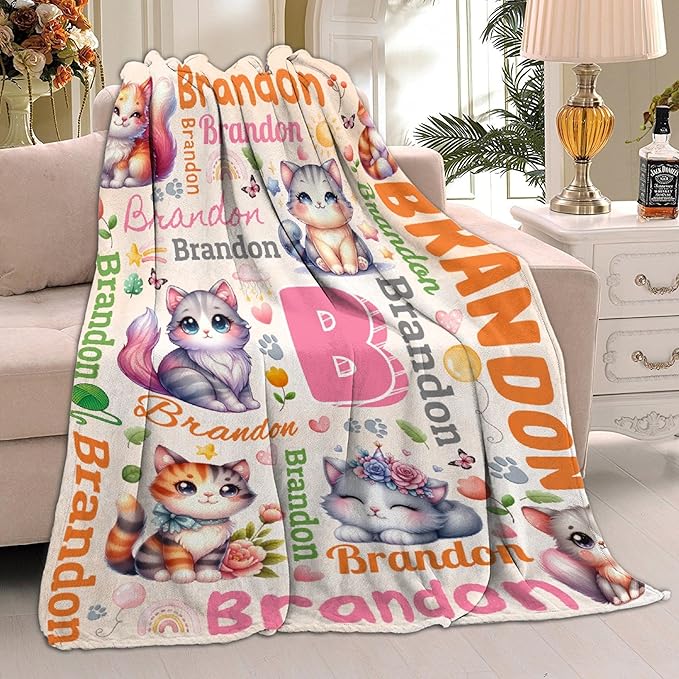 Personalized Custom Cat Blanket Gifts for Kids Boys Girls with Name - Customized Cat Super Soft Lightweight Flannel Sheets Decor for Crib Nap Couch - 90"x120" for Whole Family