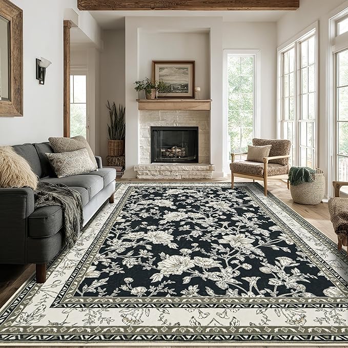 Black Boho Living Room Rug 5x8, Washable Low Pile Non Slip Area Rugs for Bedroom, Dining Room, Office, Farmhouse Retro Carpet Indoor Cream Beige Taupe Pattern Aesthetic Sketch Style Vintag Room Decor