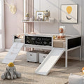 Play Fun Design Twin Size Loft Bed with Slide and Rope Climbing Ladder for Kids Boys Girls, Solid Wood Loft Bed Frame with 2 Storage Boxes and Double-sided Chalkboard, Sturdy Slat Support (White-2)