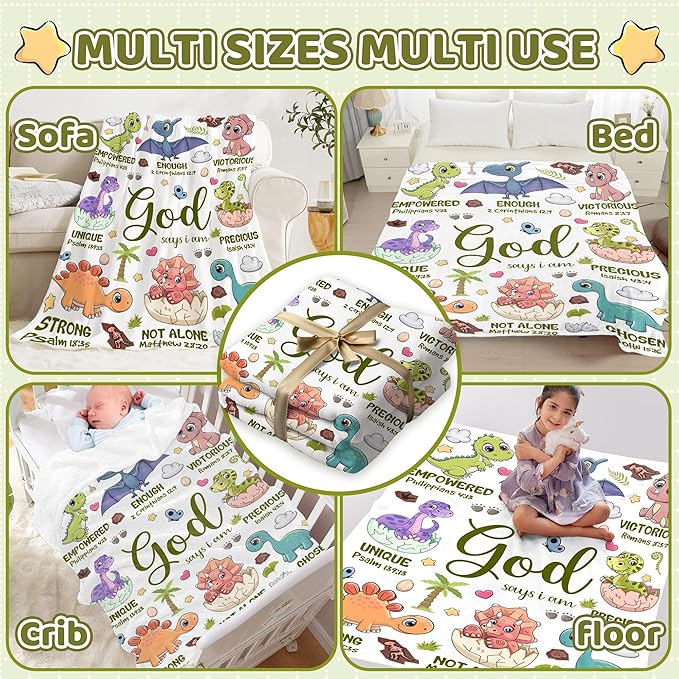 Bible Verse Blanket, Christian Gifts, God Says I am Print Dinosaur Blankets, Meaningful Thoughtful Religious Baptism Gift for Son,Dinosaur Lovers Room Bed Decoration, 50"x60"