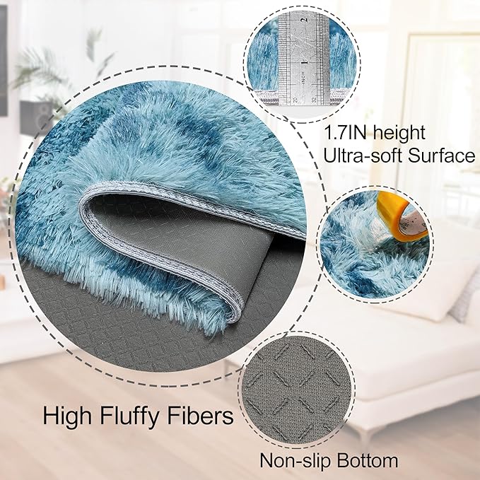 Modern Plush Shaggy 8x10 Large Rug for Living Room Tie Dyed Blue Fluffy Fuzzy Area Rug for Bedroom Aesthetic Big Shag Carpet for Nursery, Playroom, Kids Boys Girls Room
