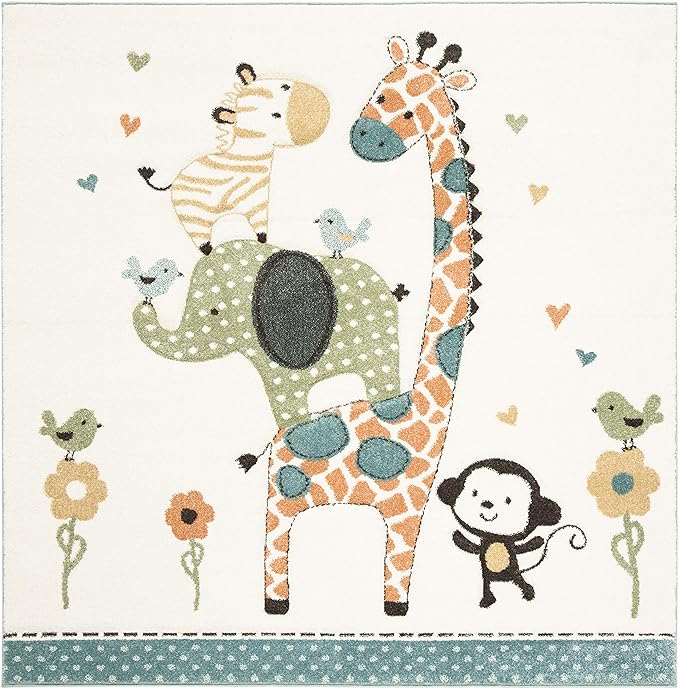 SAFAVIEH Carousel Kids Collection Area Rug - 5'3" Square, Ivory, Animal Design, Non-Shedding & Easy Care, Ideal for High Traffic Areas for Boys & Girls in Playroom, Nursery, Bedroom (CRK120A)