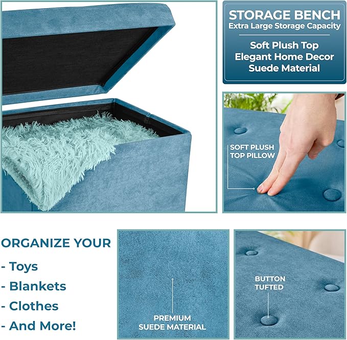 Sorbus Storage Ottoman Foot Rest Cube– Small Folding Ottoman Bedroom Bench Chest 15 Inch Box Coffee Table, Shoe Storage, Foot Stool, Pouf Storage Ottoman, Seat, Suede Velvet Fabric - Teal Blue