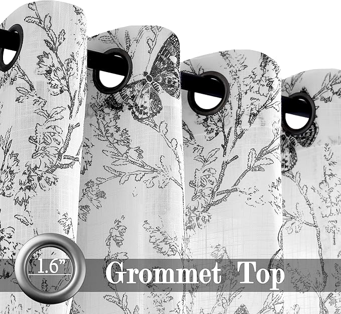 Jubilantex Butterfly Leaf Semi Sheer Curtains 95" L Curtain Panels for Kids Bedroom,Black Print on White Light Filtering Window Drapes,Grommet Top