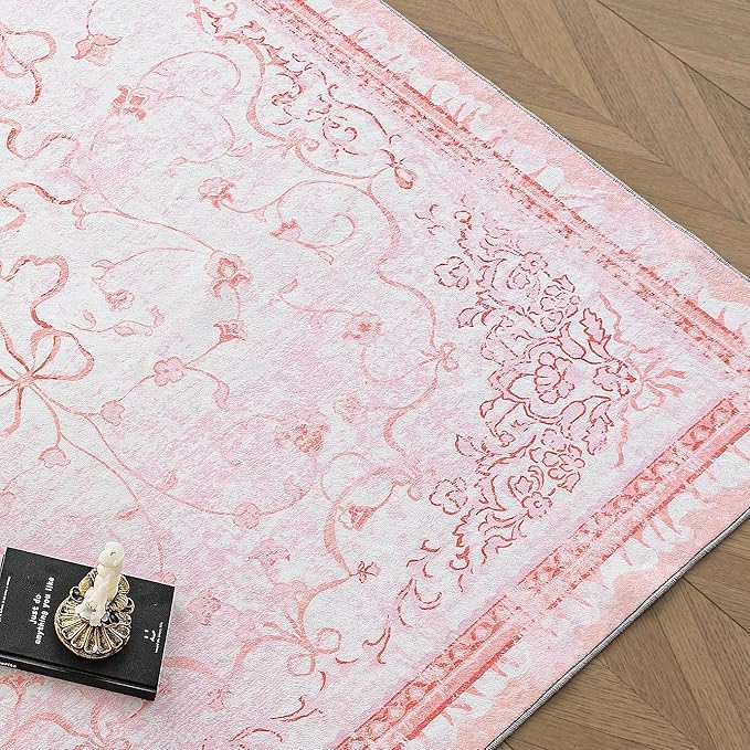 Pink Rug for Nursery Girl Bedroom 5x8 - Cute Bow Coquette Room Decor for Teen Girls Aesthetic,Washable Light Pink and White Cottage Core Floral Scalloped Rug for Dorm Room College Students Playroom