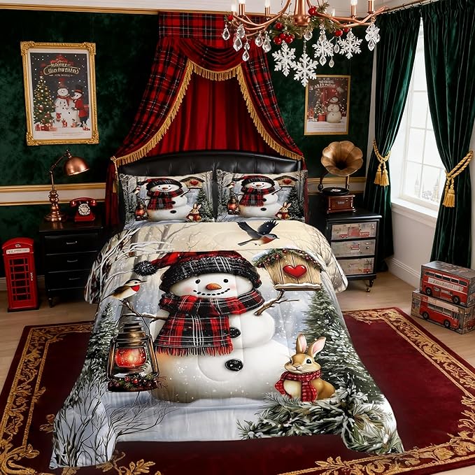 Kawaii Snowman Kids Bedding Set King Size,Rabbit Bird Winter Poinsettia Comforter Set,Pine Tree Xmas Animal Snowflake Quilt Comforter,Gray Green Bedroom Duvet Insert,2 Pillowcases
