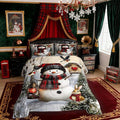 Kawaii Snowman Comforter Set Full Size,Rabbit Bird Winter Poinsettia Kids Bedding Set,Pine Tree Xmas Animal Snowflake Quilt Comforter,Gray Green Duvet Insert,2 Pillowcases