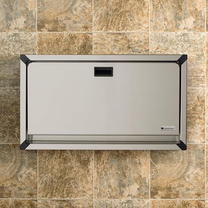 Foundations Horizontal Baby Diaper Changing Station with Recessed Mount, Stainless Steel Shell with Polyethylene Changing Table, Adjustable Safety Belt (100SSC-R)