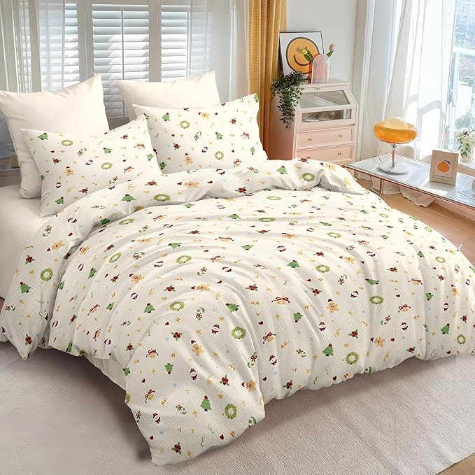 Christmas Duvet Cover Queen Size Gingham Red Bow Christmas Tree Bedding Set 3 Pcs Kids Boys Girls Plaid Heart Xmas Holiday Reversible Comforter Cover with Zipper Closure