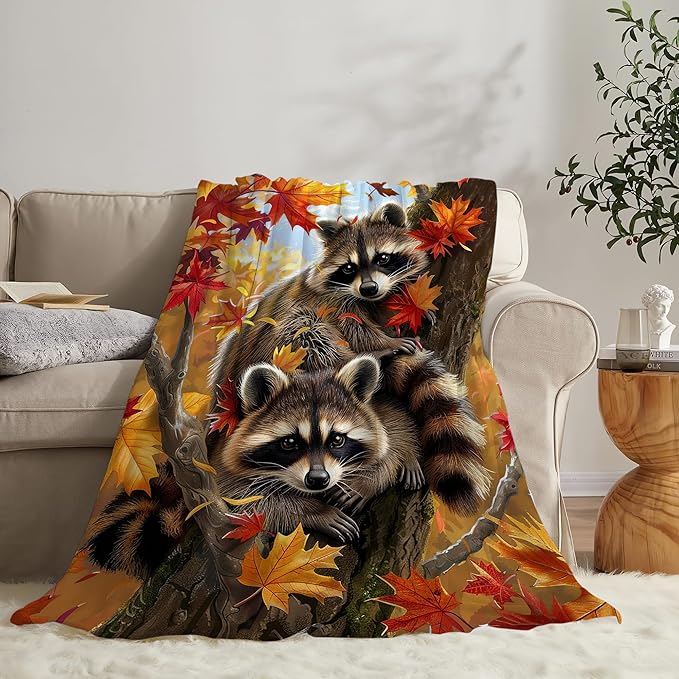 Raccoon Blanket Funny Raccoons Gifts for Girls Boys Woman Kids Raccoon Lover Maple Leaf Throw Blankets Soft Blanket Warm Fleece Flannel Plush Blankets for Bed Sofa Couch 50"x60"