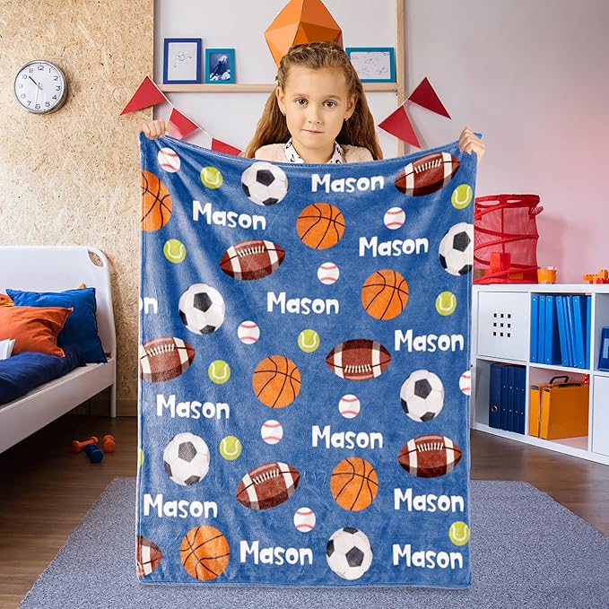 Custom Ball Blanket with Name for Boys, Personalized Name Blanket for Kids Ball, Soft Flannel Customized Gift for Birthday Christmas Baby Shower Children Day 40"x50"