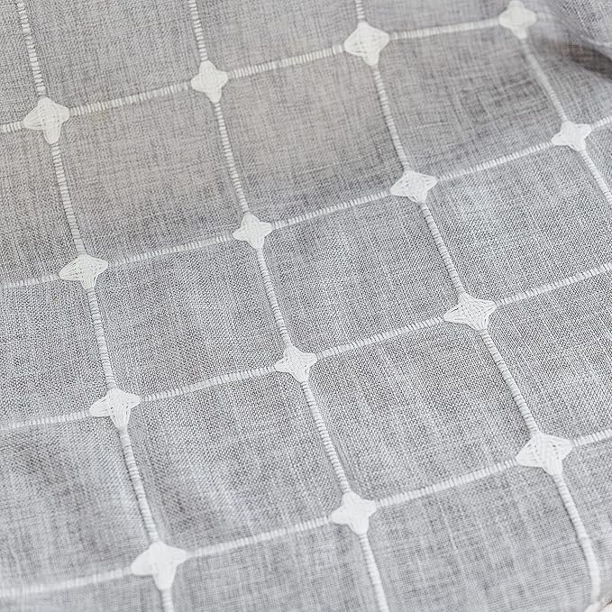 Deeprove Boho Curtains 96 Inches Long for Bedroom Kitchen, Cotton Linen Gray Plaids Embroidered Semi Blackout Bohemian Farmhouse Window Treatment Grids Drape Tassels, 1 Panel W52 x L96 Grey