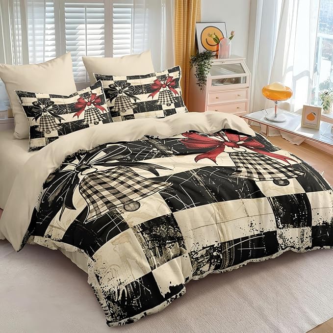 Christmas Duvet Cover Queen Size Retro Christmas Bell Gingham Bedding Set 3 Pcs Kids Boys Girls Xmas Happy Holiday Checked Pattern Comforter Cover with Zipper Closure (No Comforter)