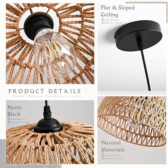 Hemp Rope Woven Pendant Light Woven Light Fixture Boho Chandelier Light Fixture Wicker Pendant Lights Rattan Lights Pendant Dome Wicker Chandelier for Dining Room Kitchen Island(Bulb Incl.
