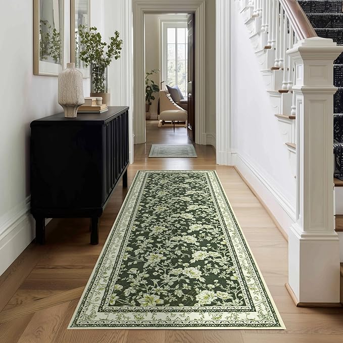 Olive Green Floral Print Area Rugs for Bedroom Living Room Boho Farmhouse Country Rustic Dining Room Carpet Soft Washable Rugs Non Slip Floor Covering for Nursery Playroom 2x6