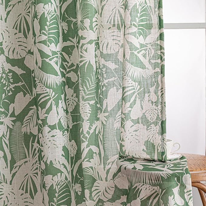 MYSKY HOME Linen Tropical Curtains 63 Inch Length Semi Sheer Curtains Pattern Decorative Window Treatment Drapes Privacy with Light Through for Kitchen/Nursery/Bathroom, 52" Wide, Green, 2 Panels