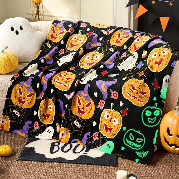 Joiedomi Glow in The Dark Blanket Pumpkin Black, Toys Gifts for Girls Age 2 3 4 5 6 7 8 9 10 11 12 Year Old, Soft Cozy Flannel Kids Throw Blanket, Christmas Birthday Present Bedroom Decor 50"×60"