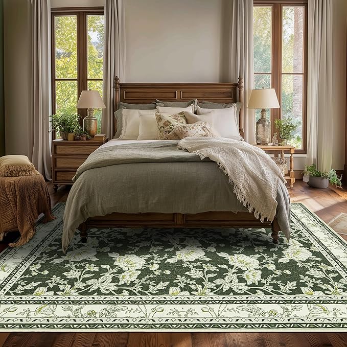 Olive Green Floral Print Area Rugs for Bedroom Living Room Boho Farmhouse Country Rustic Dining Room Carpet Soft Washable Rugs Non Slip Floor Covering for Nursery Playroom 4x6