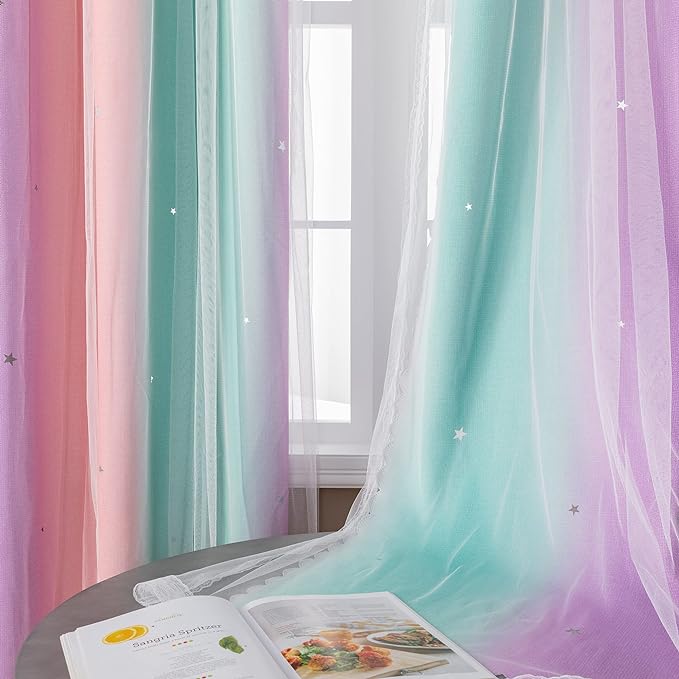 XiDi Curtains for Girls Bedroom, Full Blackout for Kids Room, Colorful Rainbow Design, Unicorn Wall Decor Pink Ombre Curtains Princess Room 72 Inches Long 34 Wide 2 Panel Sets Pink Purple Green