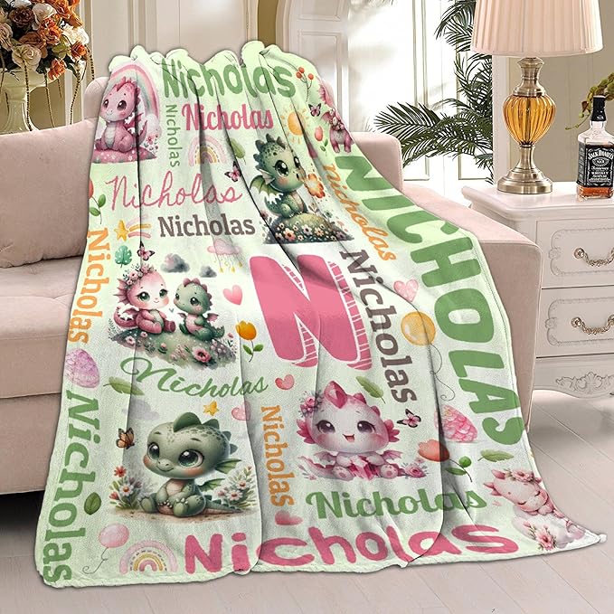 Personalized Custom Dragon Floral Blanket Gifts for Kids Boys Girls with Name - Customized Dragon Floral Super Soft Lightweight Flannel Sheets Decor for Crib Nap Couch - 50"x60" for Teens