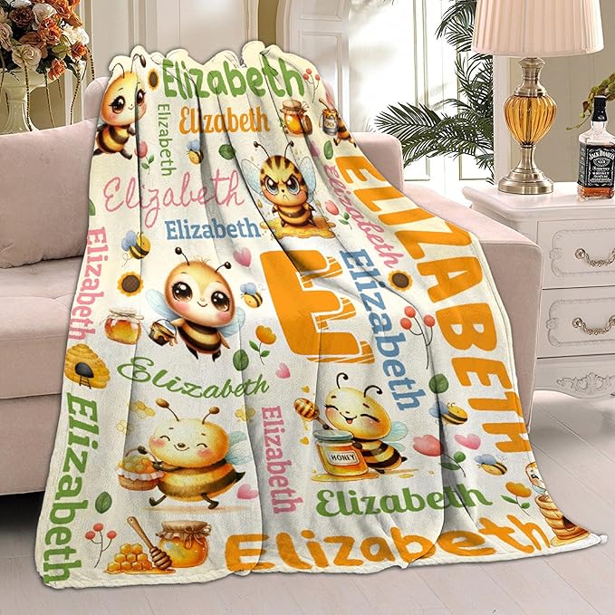 Personalized Custom Honey Bee Blanket Gifts for Kids Boys Girls with Name - Customized Honey Bee Super Soft Lightweight Flannel Sheets Decor for Crib Nap Couch - 50"x60" for Teens