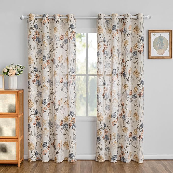 MYSKY HOME Living Room Linen Curtains 90 inch Floral Pattern Light Filtering Privacy Protect Drapes for Window Decoration Rustic Vintage Style for Family Room, 52" Wide, Yellow, 2 Pcs