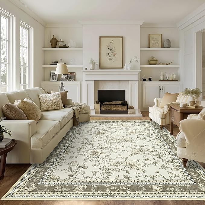Boho Dining Room Rugs for Under Table 7x9 Washable Taupe Cream Beige Tan Floral Design Sketch Style Area Rug for Living Room, Low Pile Non-Slip for Bedroom Under Bed Aesthetic Boho Farmhouse Decor