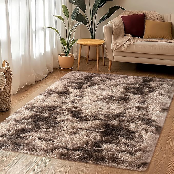 8x10 Shag Area Rug - Fluffy Fuzzy Nursery Kids Girls Room Rug - Soft Plush Furry Bedside Carpet- Tie-Dyed Brown