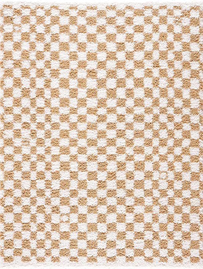 Hauteloom Kieu Contemporary Checkered Fluffy Shag Area Rug - Modern Geometric Soft Carpet Tiles for Living Room, Kids Room, Nursery - White, Yellow - 8'10" x 12'