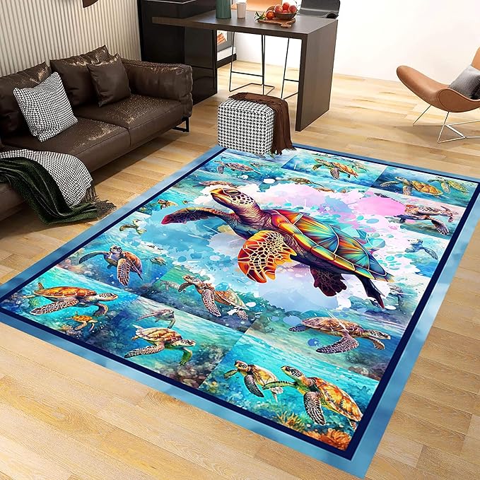 Turtle Area Carpet, 6x9ft, Colorful Ocean Themed Sea Turtle Floor Rugs, Blue Underwater Painting Rugs for Home Decoration, Fade Resistant Soft Foldable Mats for Dorm Family Entrance